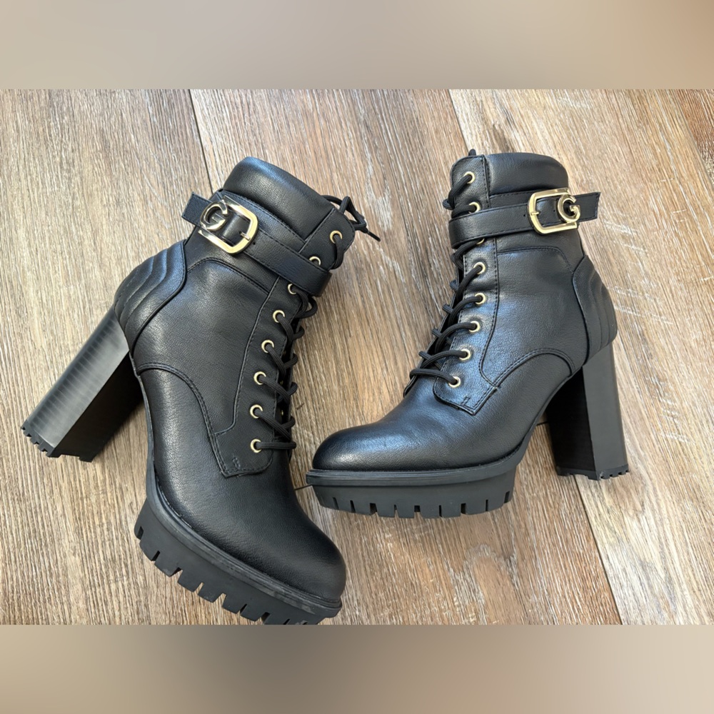 G By Guess Women's Black Faux Leather Ankle Boots, Size 9 Black Chunky